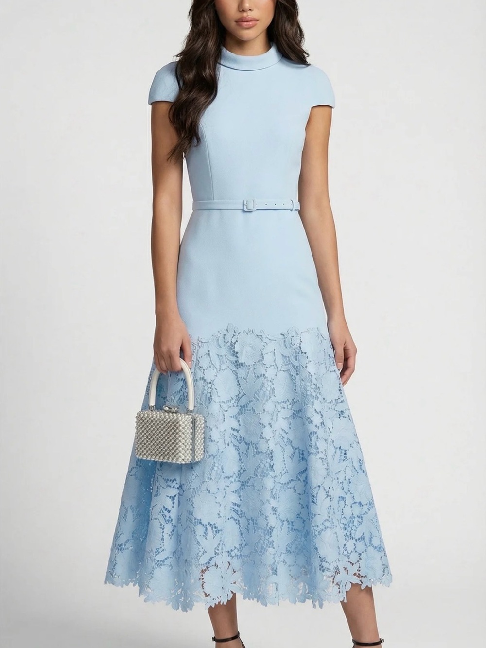 Light Blue Lace Midi Dress with Belt